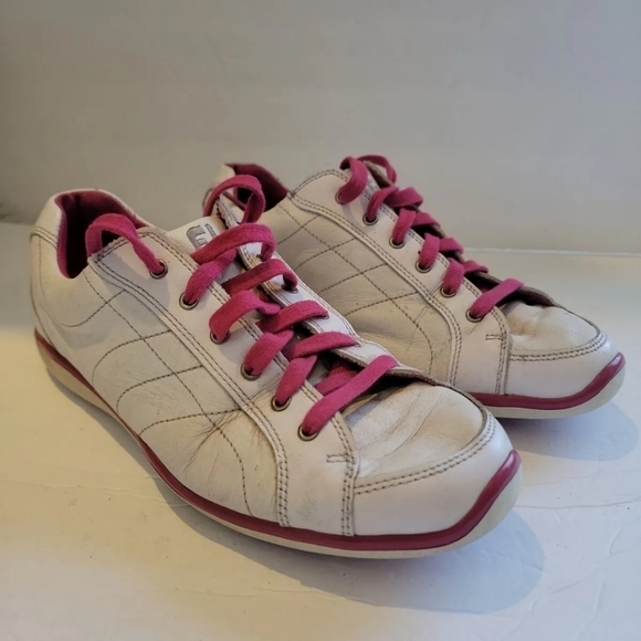 Footjoy Womens LoPro White Pink Leather Athletic Spikeless Golf Shoes Size 9 M - Picture 1 of 4